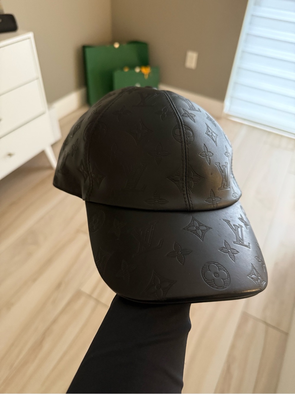 Louis Vuitton Monogram Shadow Black Leather Baseball Cap Adjustable Hat
